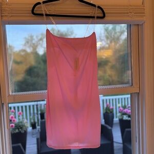 NWT Bubblegum Pink Satin Mini Dress w/ Rhinestone Shoulder Straps SIZE LARGE